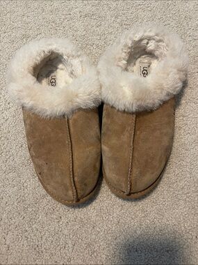 UGG Chestnut Suede Slipper Clog with Cream Sheepskin Collar